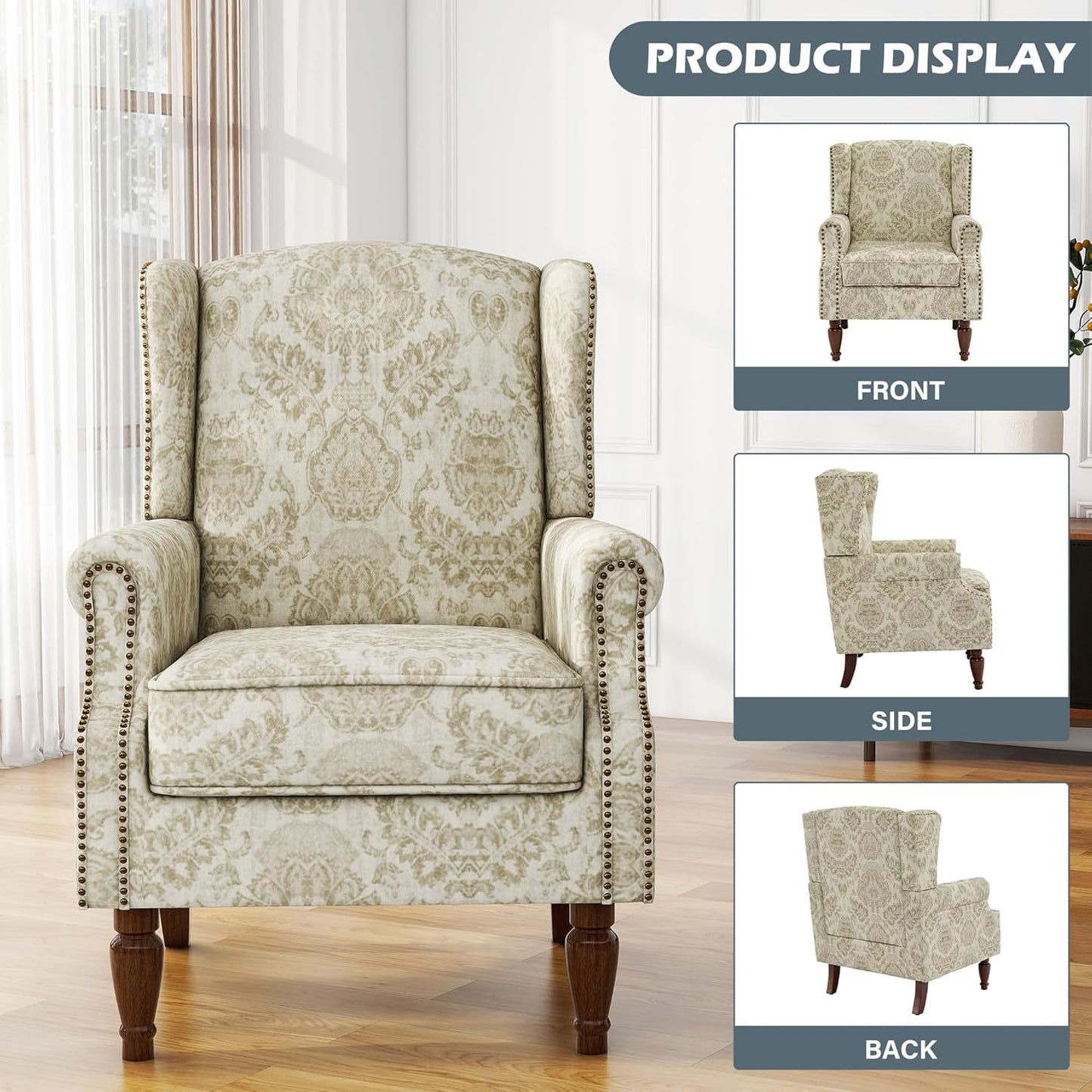 UIXE High Back Floral Accent Chairs Set of 2, Upholstered Armchair in Fabric, Retro Printed Wingback Arm Chair for Living Room, Nailhead Trim Single Sofa Bedroom Reading Seat - White
