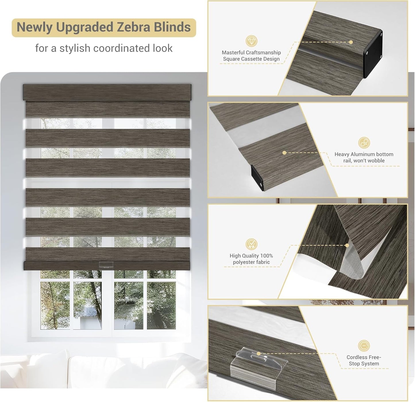 Cordless Zebra Blinds for Windows, Blackout Interior Blinds,Easy to Install,UV Protection,for Offices and Home,Custom Roller Shades, Mousse Dark Bown,47" W x 48" H