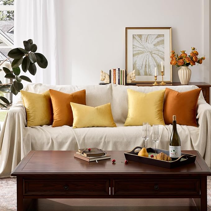GIGIZAZA Yellow Velvet Pillow Covers 22x22 Decorative Pillows Pack of 2 | Throw - Image 7