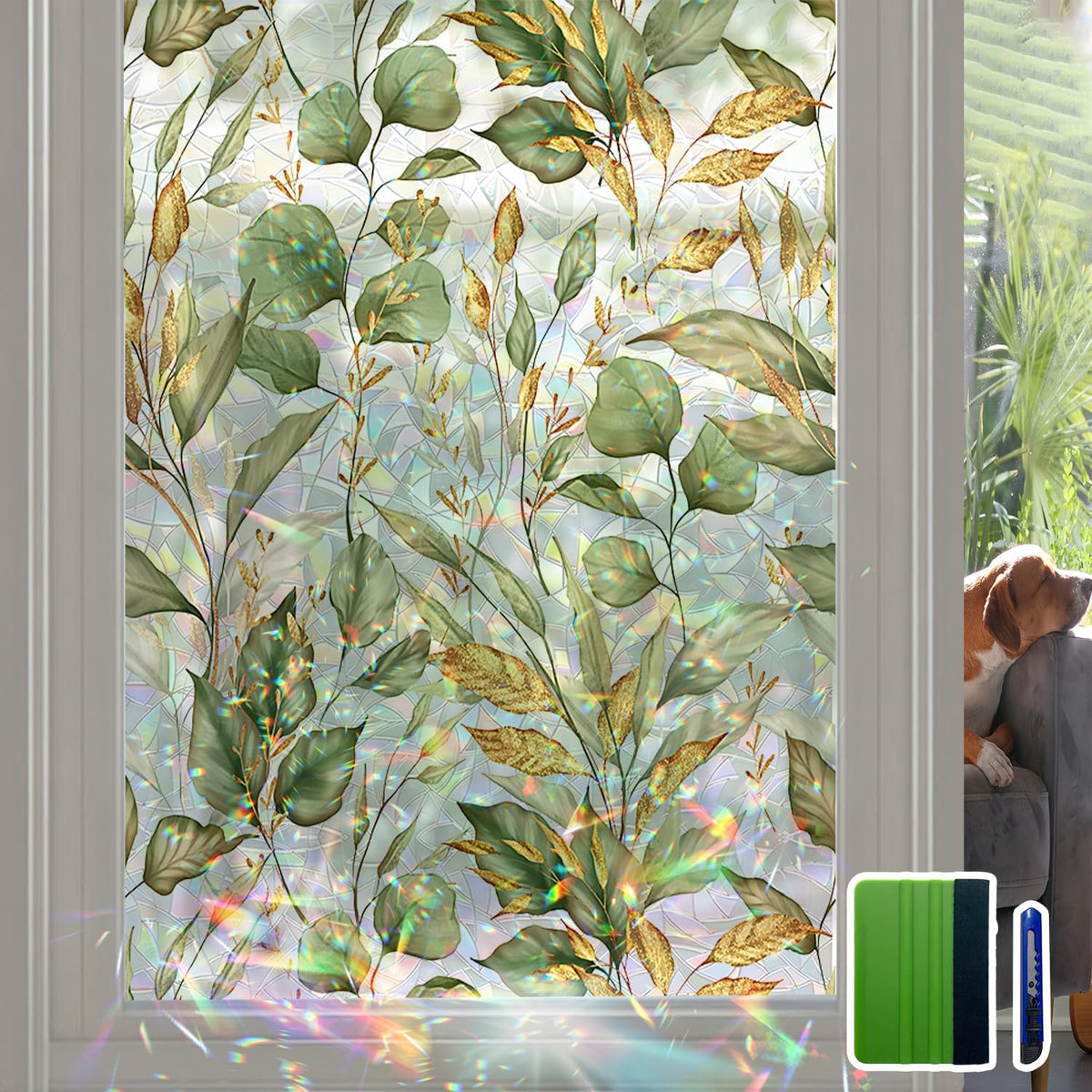 Rainbow Window Privacy Film with Tools, 3D Stained Glass Window Film, Spring & Autumn Leaves, 16.93" x 78.74"(43X200CM)
