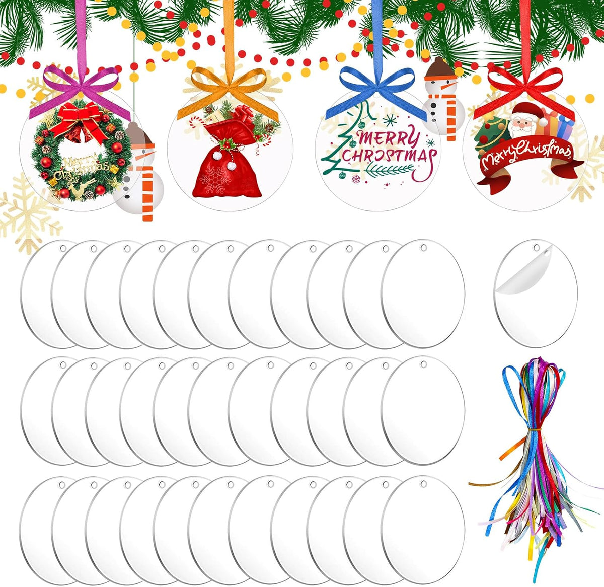 40 Pieces Christmas Hanging Ornaments Set 3''Christmas Ornament Acrylic Blank with 50Pcs 25 Color Ribbons for Christmas Tree DIY Decor (Classic Circle, 40.00)