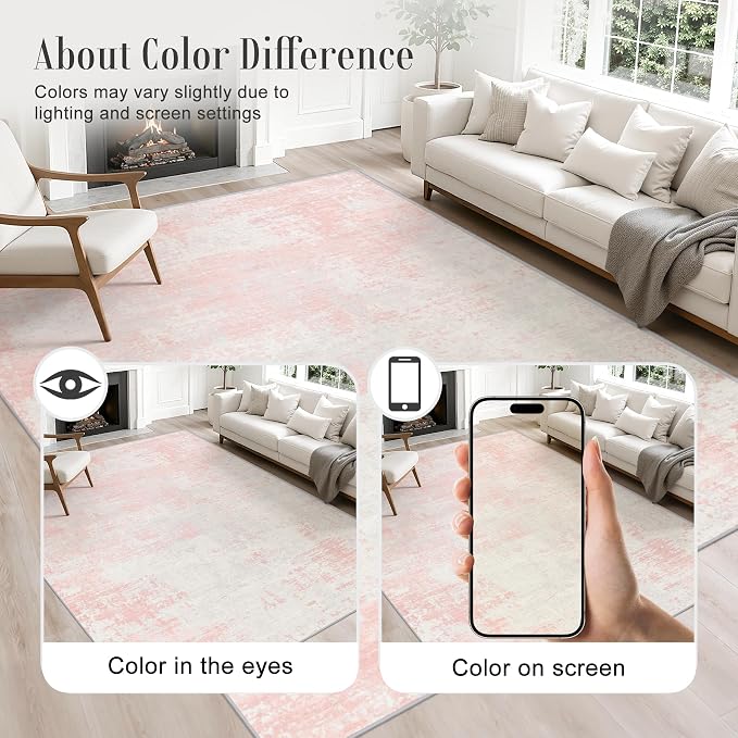 5x7 Area Rug Living Room: Modern Washable Soft Carpet Pink White | - Image 4