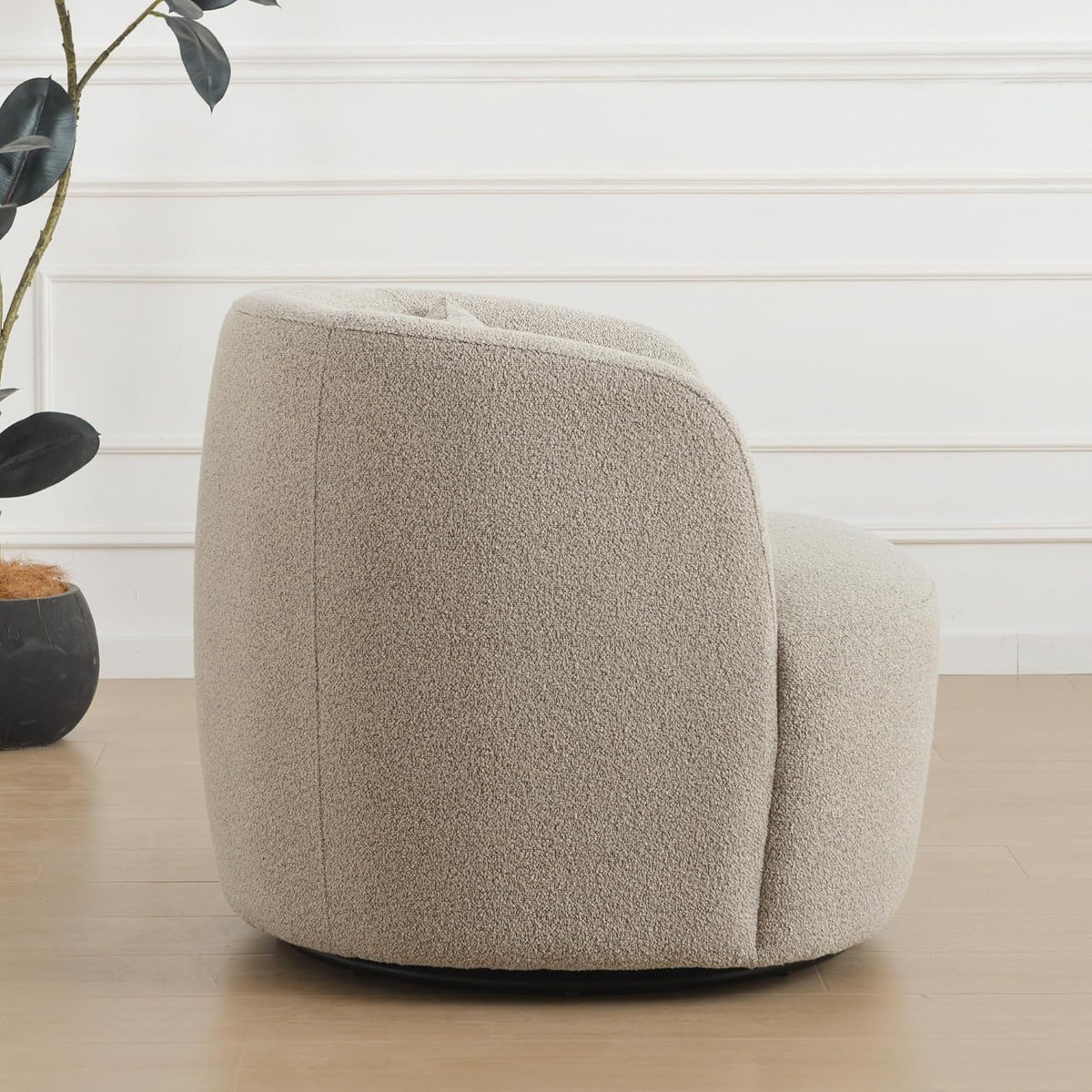 KINWELL 34" Wide Sherpa Swivel Barrel Chair, No Assembly Round Boucle Upholstered Accent Chair Armchair Single Sofa Chair with Toss Pillow for Living Room and Bedroom, Taupe