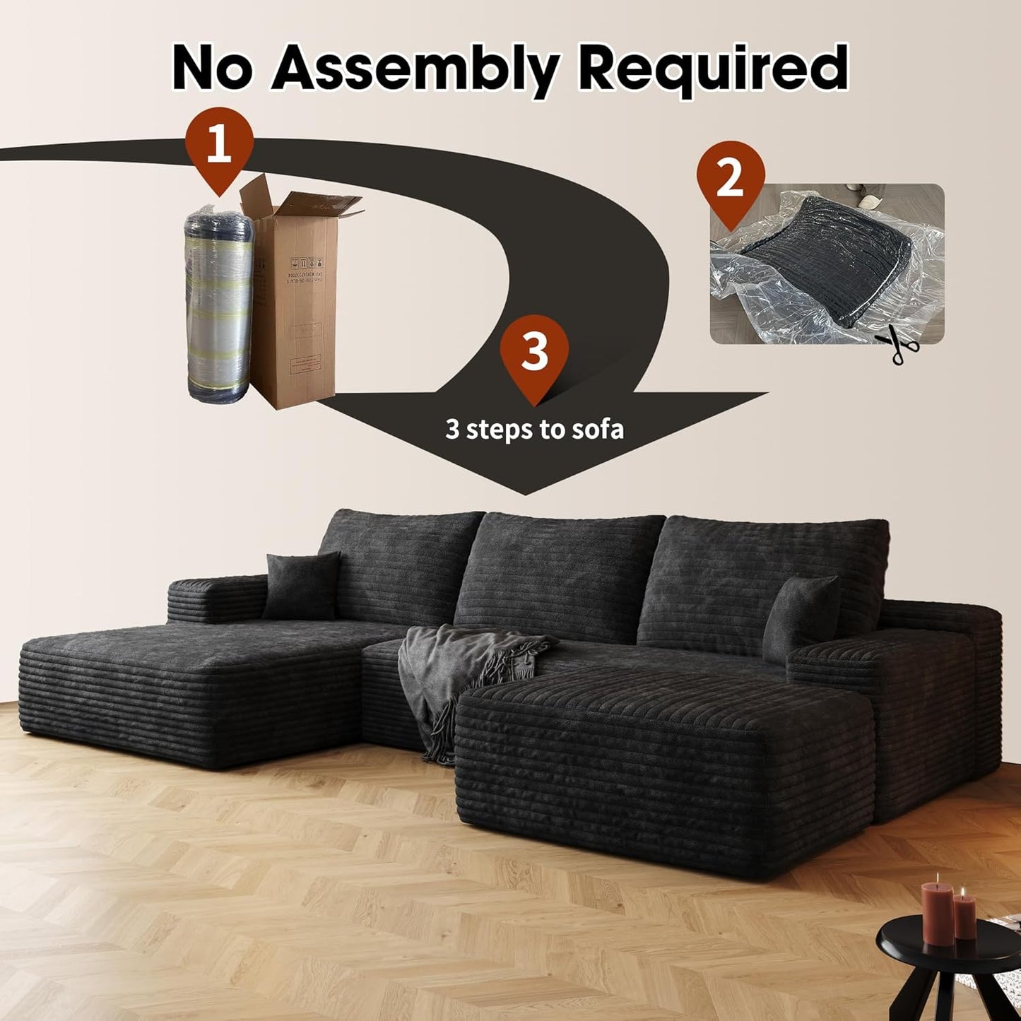 108" Sectional Couches for Living Room Modern Modular Sofa with L-Shape Couchs Upholstered Boneless Couch Deep Seat Sectional Couch with Chaise (Black, Left Facing Chaise+2Seaters+1Ottoman)