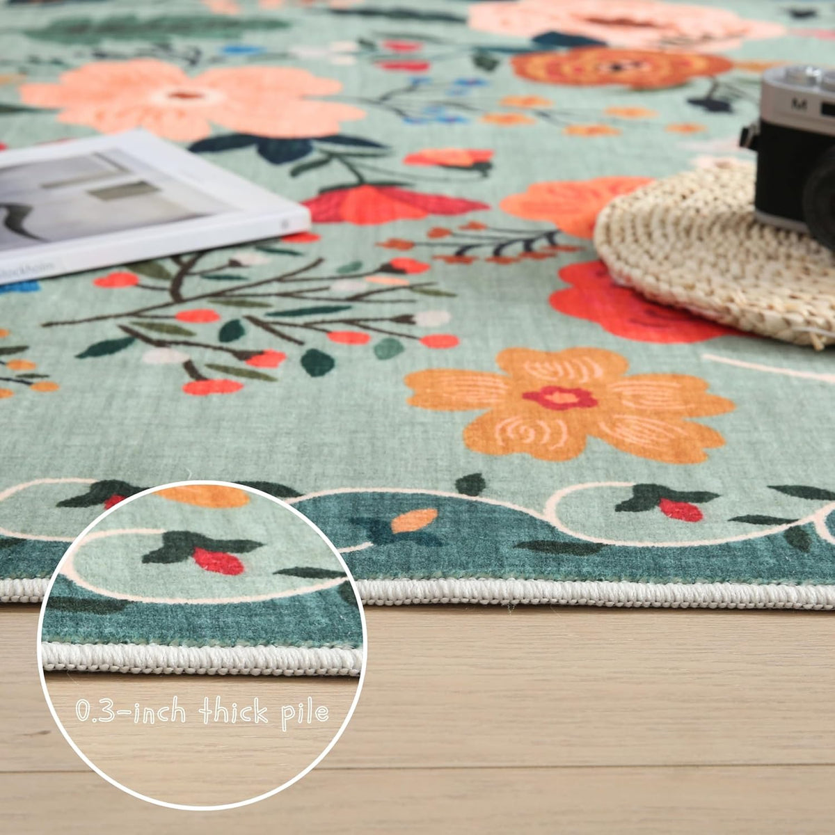 Round Rug 4ft Washable Circle Rug Non Slip Low Pile Boho Floral Small Circular Rug for Bedroom, Bathroom, Entryway, Kids Room, Office, College Dorm(Green)