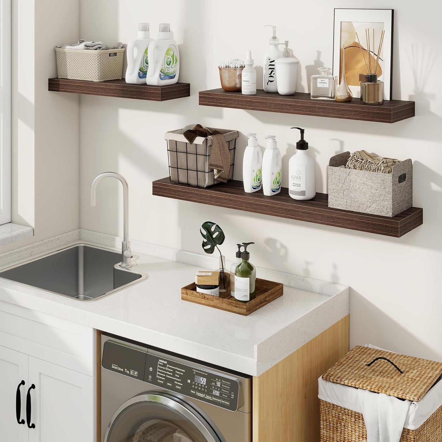 fuqing Floating Shelves for Wall, Bathroom Shelf Wall Mounted for Storage, Shelves with Invisible Bracket for Bedroom, Kitchen, Living Room, Farmhouse Small Book Shelf, 24 Inch Set of 2, Walnut