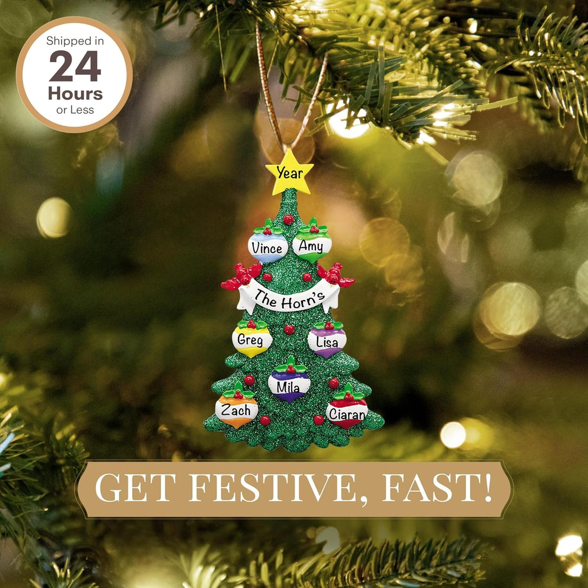 Personalized Family of 7 Ornament 2025 | Free 24h Customization | Christmas Ornaments for Tree | Custom Gift Wrapped Green Glitter Keepsake for Seven Persons