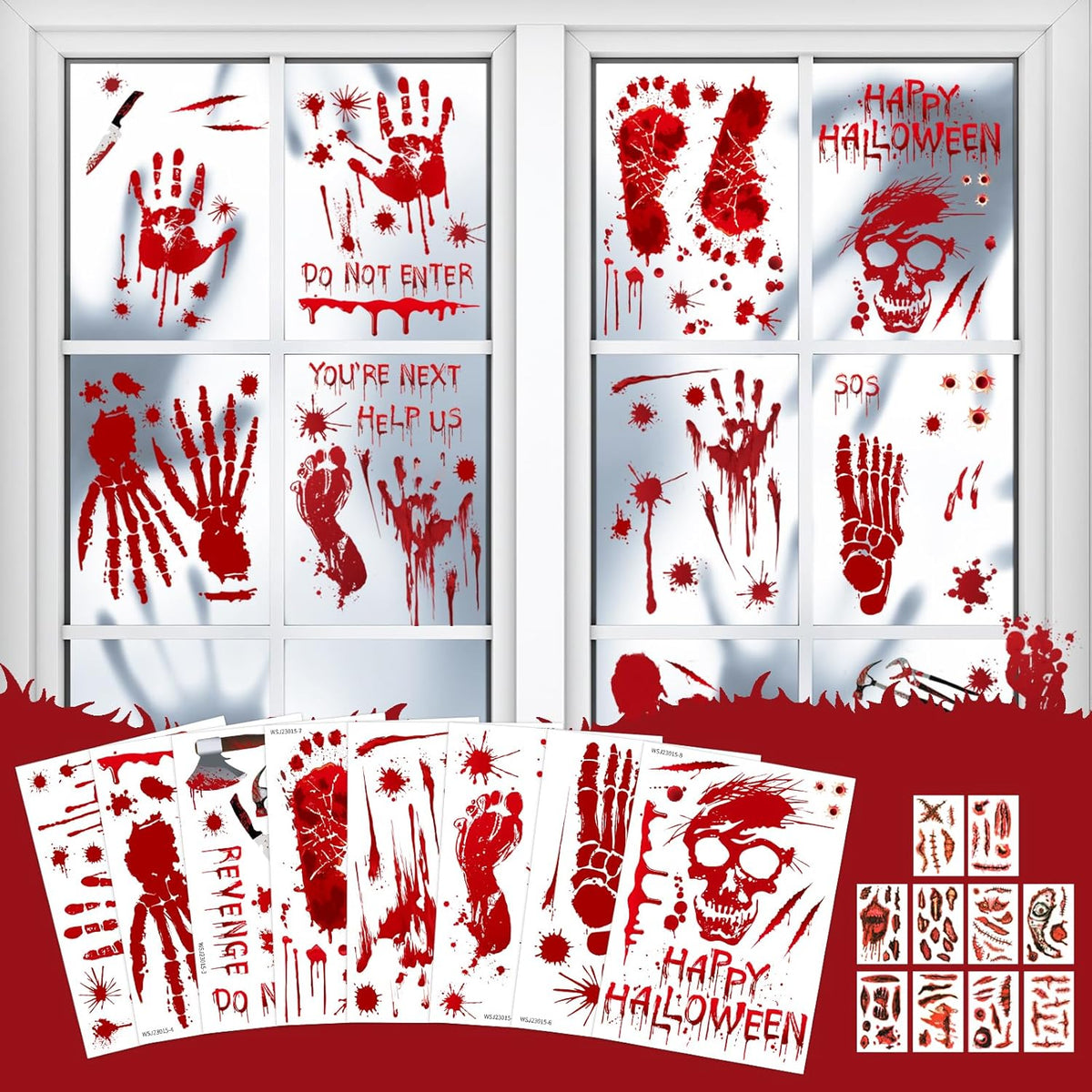 New Halloween Decorations 165 PCS, 8 Sheets Bloody Handprint Footprint Halloween Wall Decal Floor Window Stickers,10 Sheets Wound Tattoo Stickers