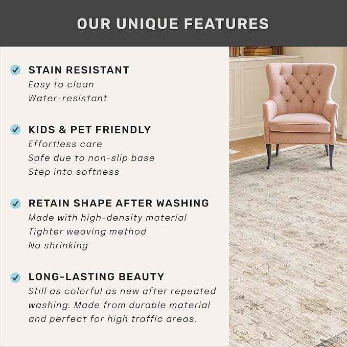 Beige Floral Washabel Area Rug for Living Room - Image 5