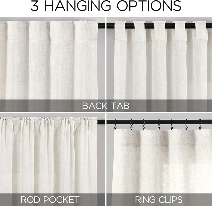Beige White Linen Curtains for Living Room 94 Inches Long Back Tab and Rod - Image 2