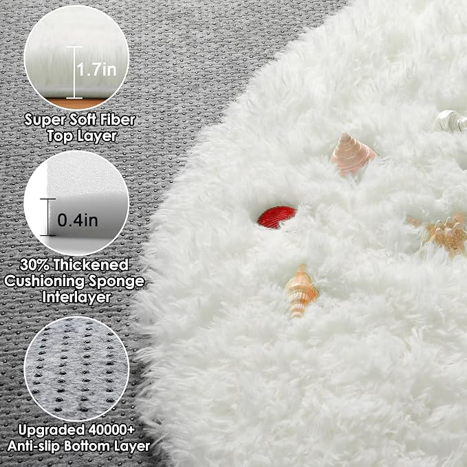 Cream White Round Rugs 7ft for Living Room, Ivory Fluffy Bedroom Circle Area Rug - Image 2