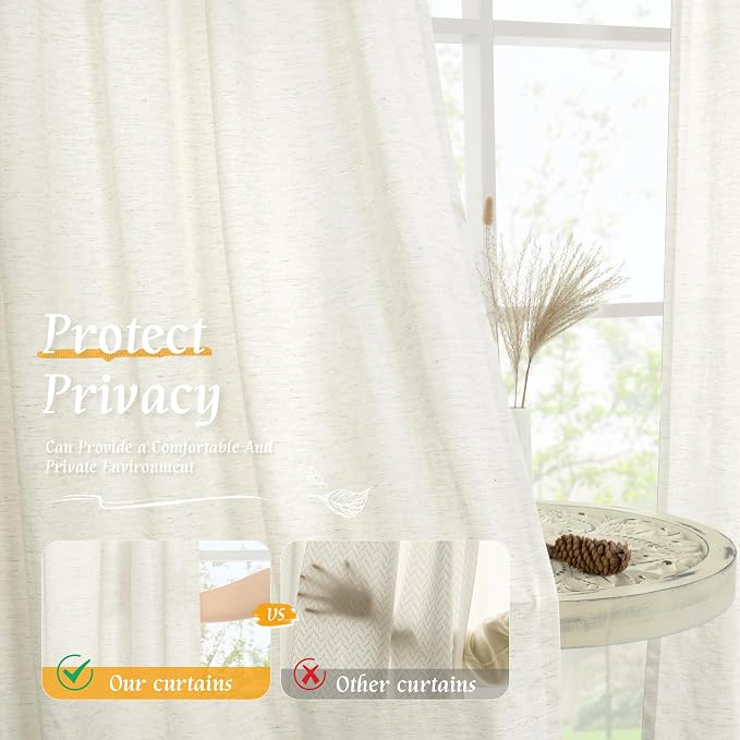 Natural Cream Linen Curtains for Living Room 72 Inch Length 2 Panels | Light - Image 5