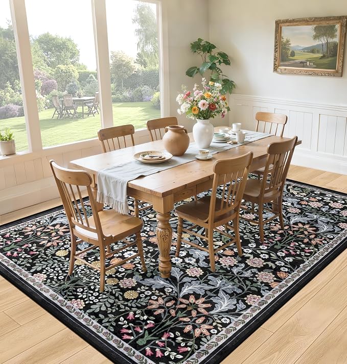 PLHXFR Area Rug Living Room: 4x6 Floral Washable Boho Carpet Dark Black | - Image 4