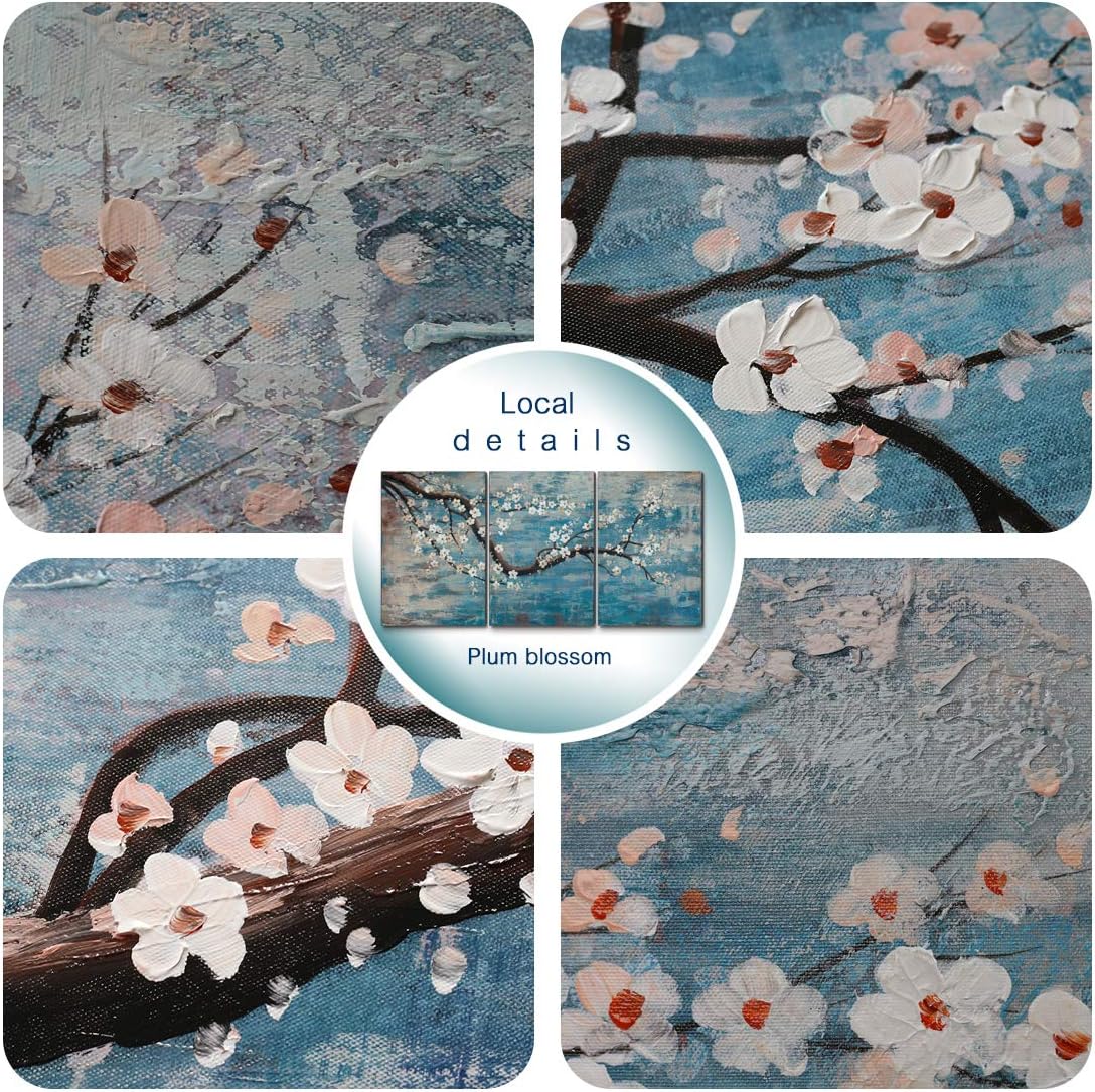 amatop Extra Large Wall Art for Living Room 100% Hand-Painted Framed Decorative Plum Floral Oil Painting Set Decorative Modern Blue Tree Artwork Ready to Hang
