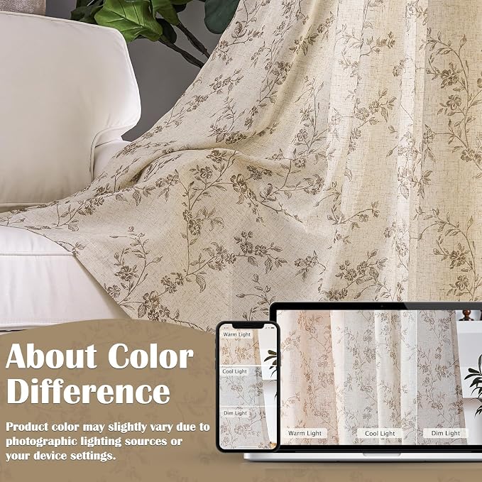 Extra Long Taupe Vintage Floral Linen Curtains Farmhouse 2 Panels | Elisa - Image 6