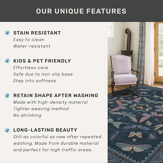 5x7 Navy Blue Boho Rugs for Living Room, Stain Resistant Non Slip Area Rug for - Image 6