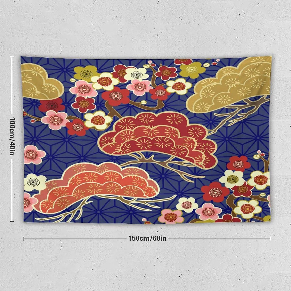 HZOHNAGO Japanese Tapestry Art Abstract Colorful Cherry Blossom Blue Background Pattern Printed Wall Tapestry Painting Wall Hanging for Bedroom Living Room Dorm 60" W x 40" H
