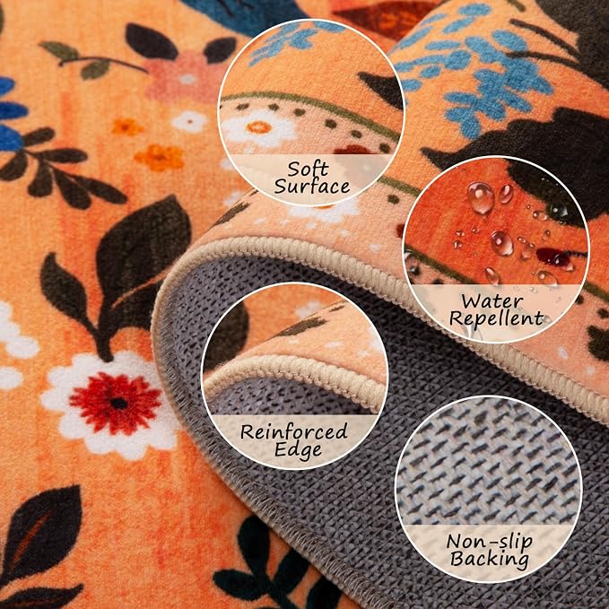RELEANY Floral Washable 8x10 Area Rugs Yellow/Orange/Red | Flower Carpet Print - Image 3