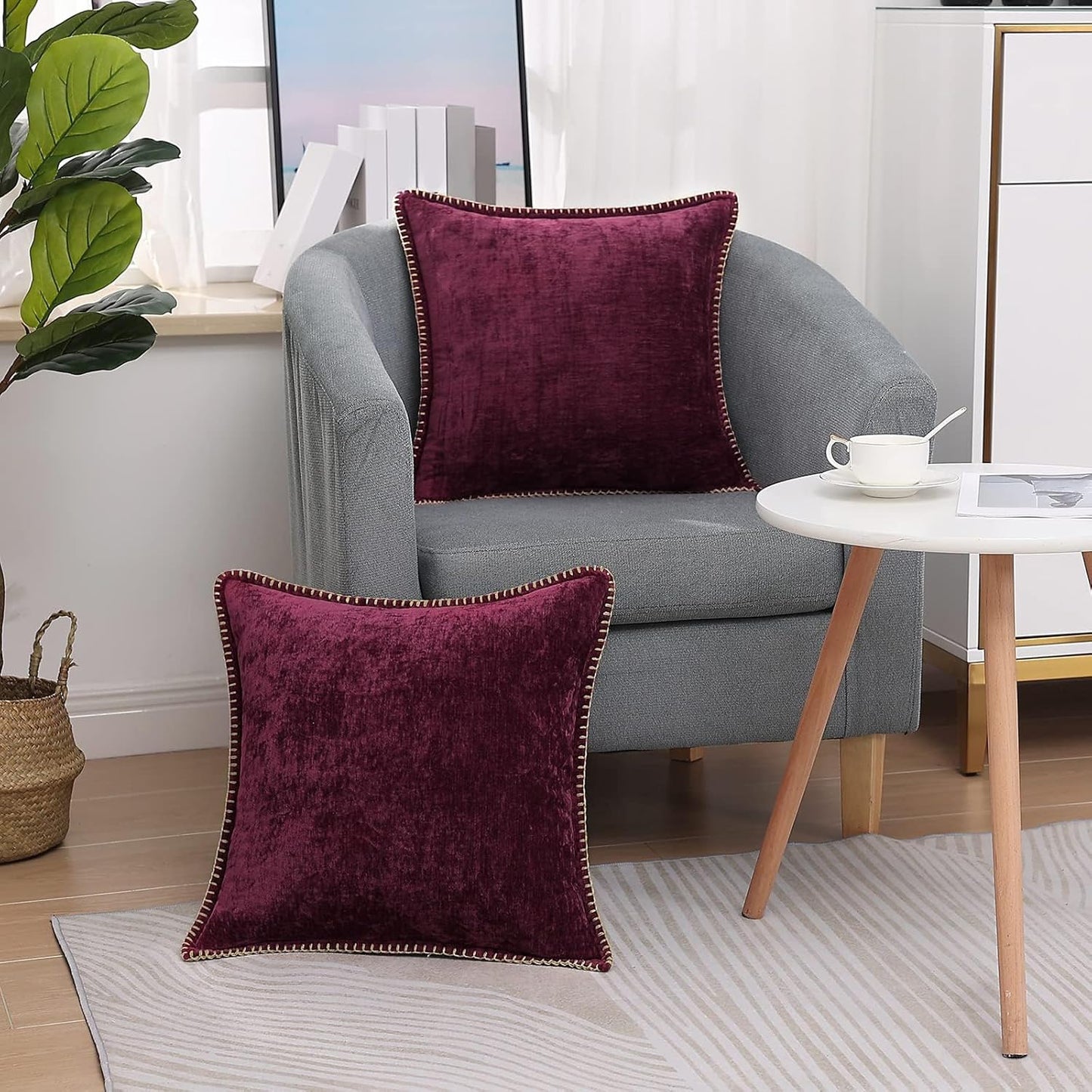 decorUhome Chenille Soft Throw Pillow Covers 24x24 Set of 2, Farmhouse Velvet Neutral Decorative Euro Pillow Covers with Stitched Edge for Couch Sofa Bed Home Decor, Rhododendron