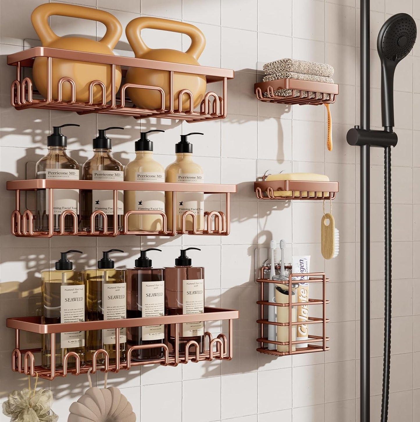 Veken Shower Caddy 6-Pack, No Drilling & Rustproof, Waterproof Adhesive Shelves Rack with Soap Holder, Large Capacity Bathroom Organizers and Storage, Wall-Mounted Kitchen & Home Decor