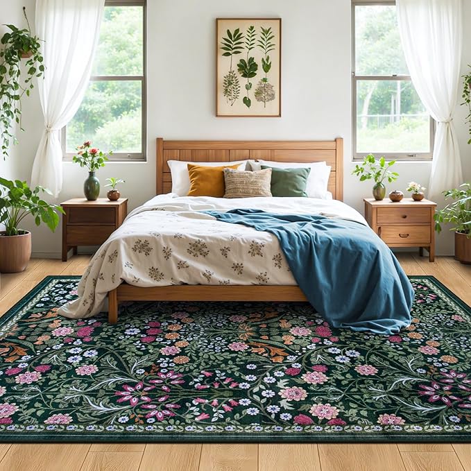 PLHXFR 8x10 Area Rug Living Room: Floral Washable Boho Carpet Dark Green | - Image 3