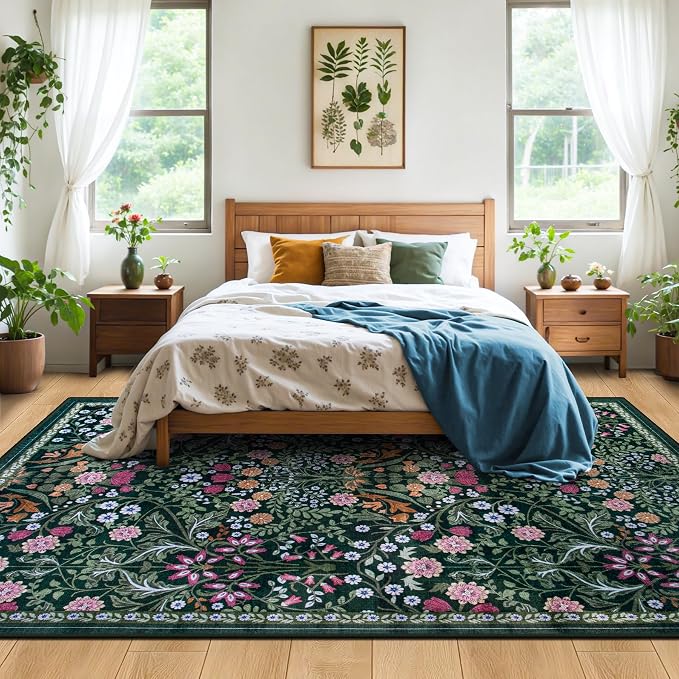 PLHXFR Area Rug Living Room: 4x6 Floral Washable Boho Carpet Dark Green | - Image 3