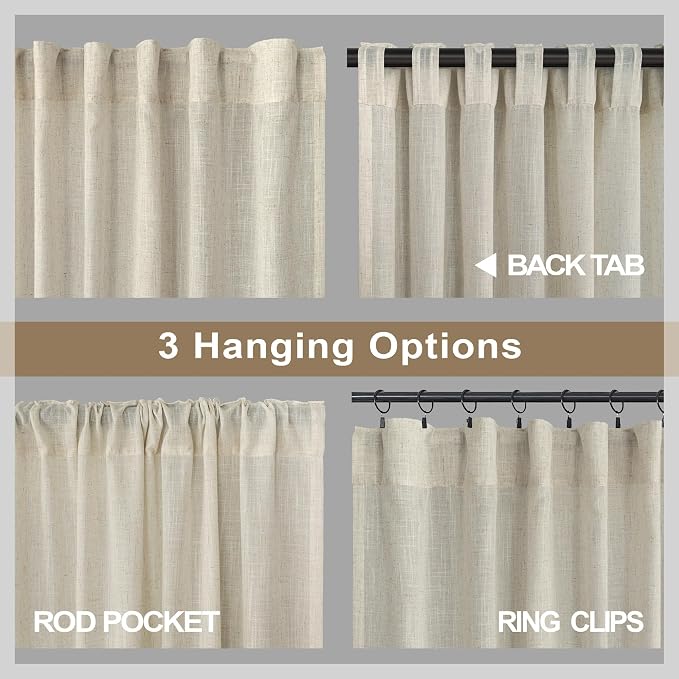 Beige Curtains 63 Inch Length for Bedroom Set of 2 Panels Back Tab Rod Pocket - Image 5