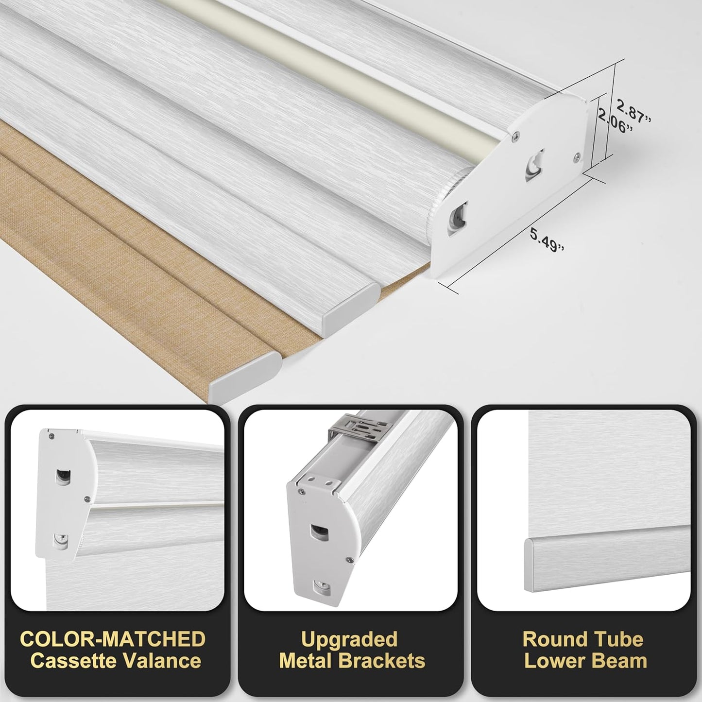 BERISSA Cordless Dual Roller Shade With Cassette Valance, Blackout & Light Filtering Shade for Day & Night, Double Shades Linen Beige & White. 42 W x 72" H