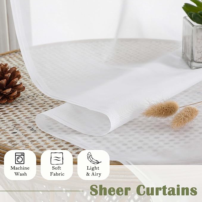 White Sheer Curtains 63 Inch Length 2 Pcs, Light Filtering Rod Pockets Window - Image 4