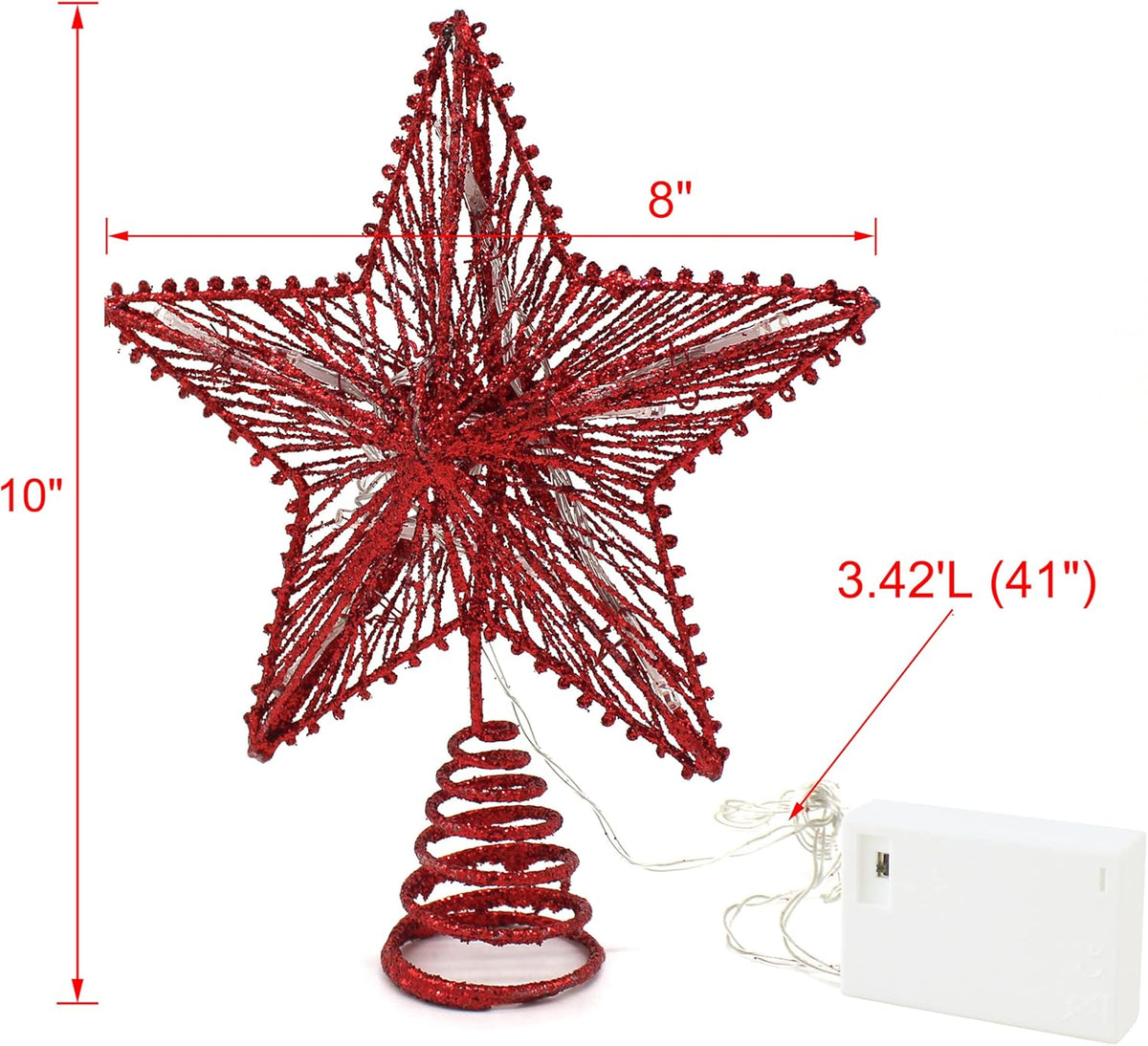 CVHOMEDECO. Red Glittered 3D Tree Top Star with Warm White LED Lights and Timer for Christmas Tree Decoration and Holiday Seasonal Décor, 8 x 10 Inch