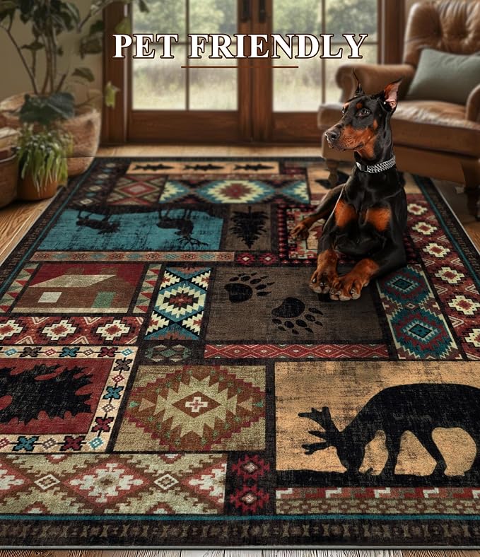 Rustic Cabin Rugs for Living Room 10x14, Wildlife Bear & Deer Area Rug - Image 9