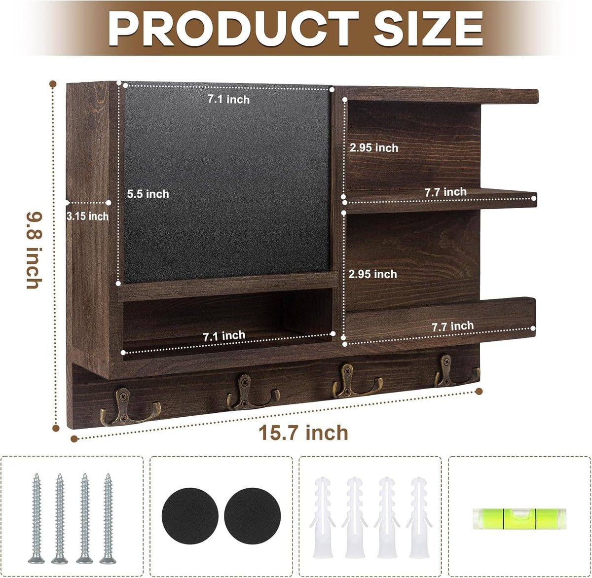 Key Holder for Wall, Mail Organizer Wall Mount with Key Hooks and Chalkboard & Mirror for Sunglasses Storage and Dog Leash Hanger, Decorative with 4 Double Hooks