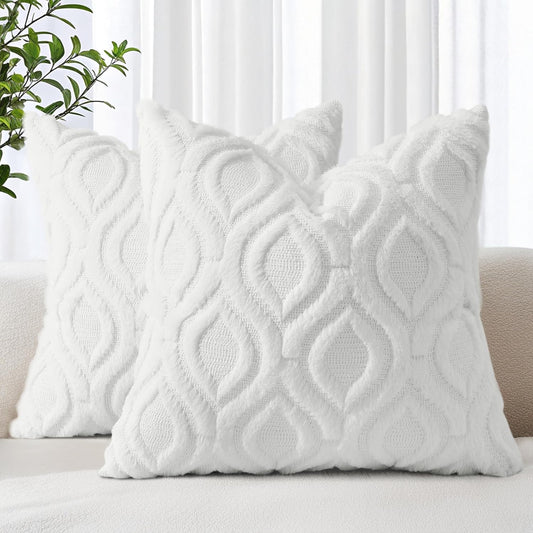 decorUhome Throw Pillow Covers 16x16 Inch Set of 2, Soft Plush Decorative Faux Fur Cream Beige Solid Couch Pillow Covers, Accent Farmhouse Neutral Square Euro Pillow Cases for Sofa Bed Living Room