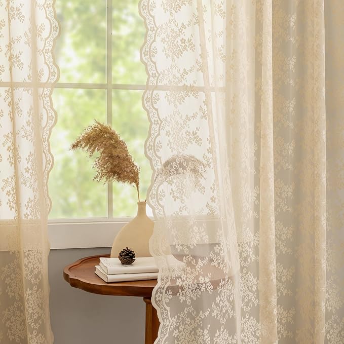 YJ YANJUN Vintage Lace Curtains 63 Inch Length Antique Chic Floral Beige Sheer - Image 2