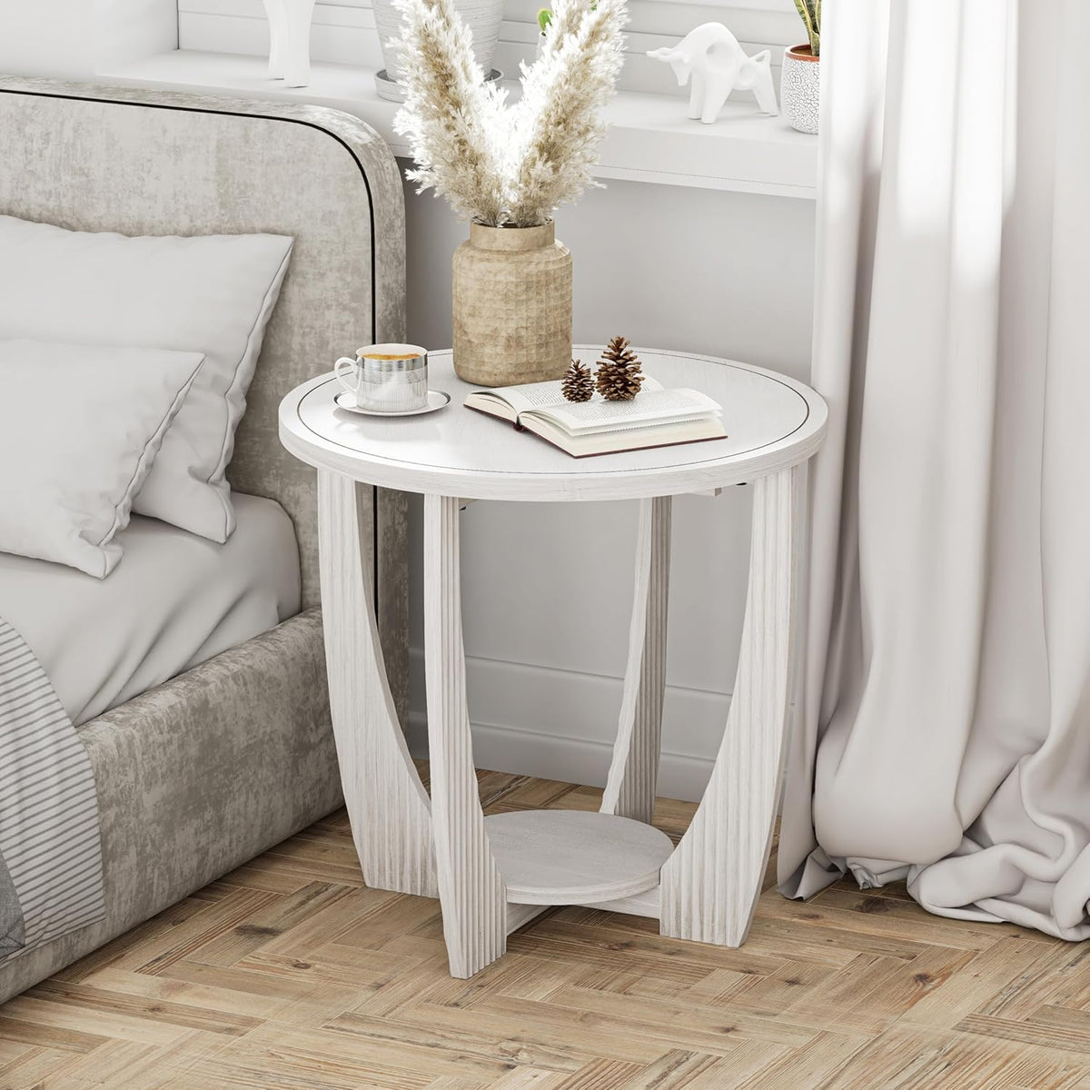 Rustic Farmhouse end Table with Storage Shelf, French Country Accent Side Table for Family, Dinning or Living Room, Small Spaces, Modern, Round, White