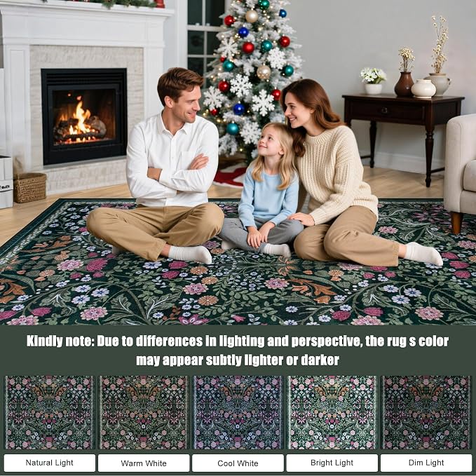 PLHXFR Area Rug 10x14 Living Room: Floral Washable Boho Carpet Dark Green | - Image 9