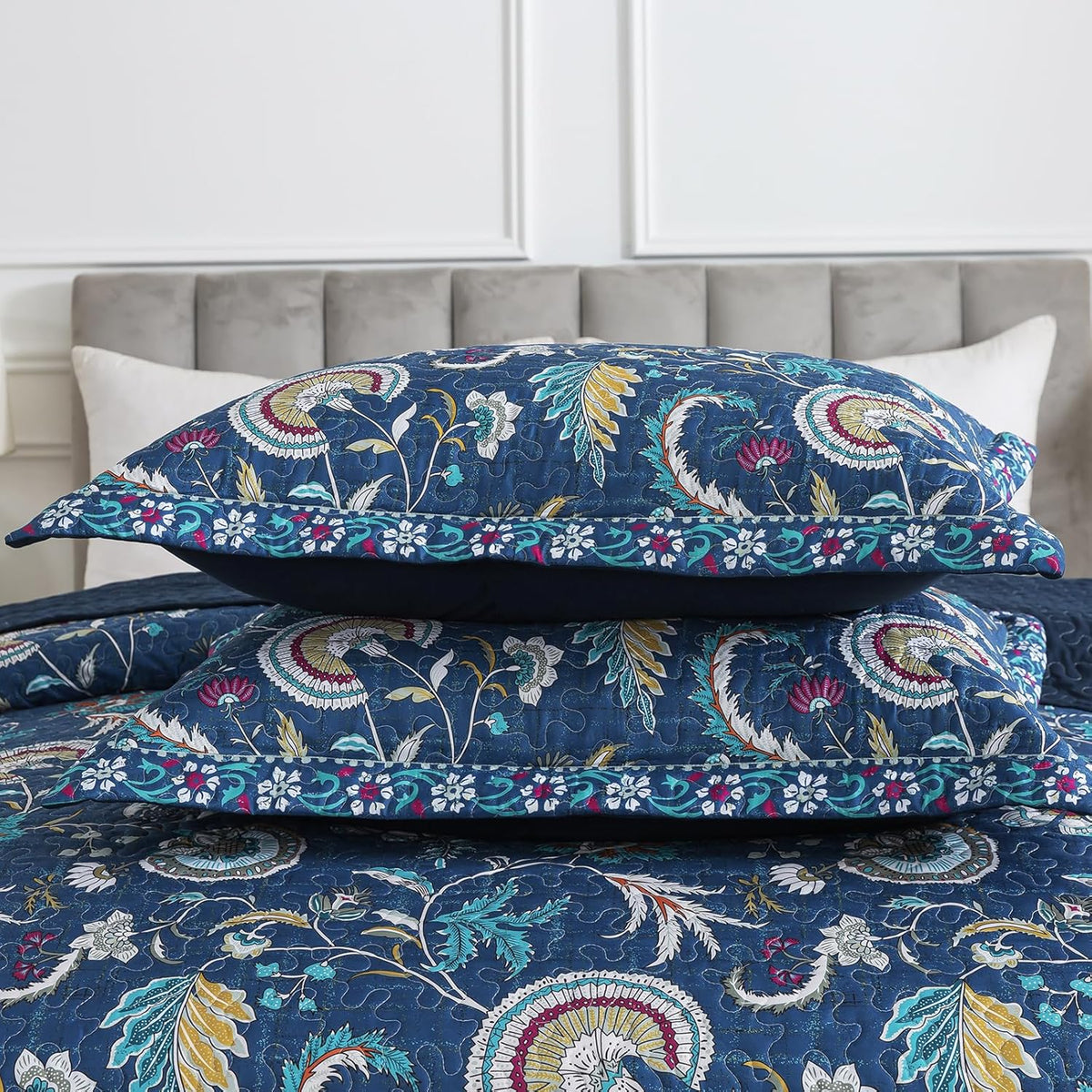 NEWLAKE Quilt Set King Size, Bedspread Sets Blue Botanical Floral Patterns, Reversible Quilt Bedding Set Lightweight and Breathable for All Seasons, Soft Quilted Bedspread with 2 Pillow Shams