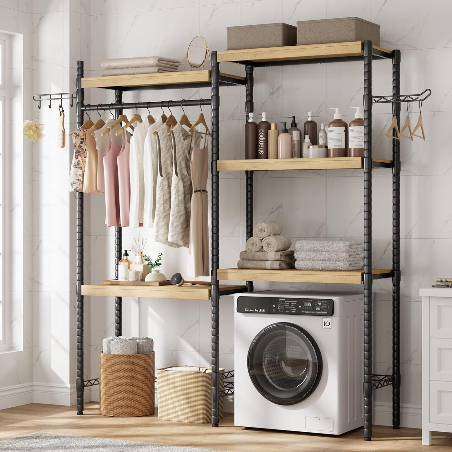 CABIHOME 5-Tier Over-The-Washer Shelf - Adjustable Height Laundry Organizer Space Saver, Double-Layer 100lb Shelves, 2 Hooks for Bathroom/Balcony (Natural& Black)