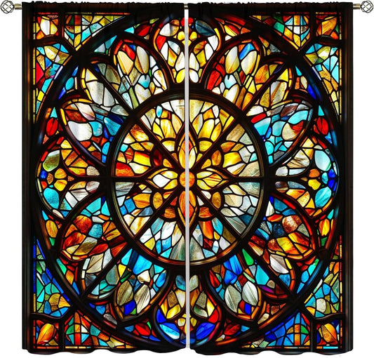 Stained Glass Curtains,Retro Mid Century Abstract Colorful Geometric Prints Home Decor Drapes for Bedroom Living Room Kitchen Window Treatment 2 Panels Set Total Size 42" W X 45" L Inch