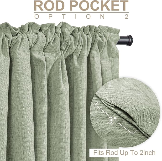 Faux Linen Total Blackout Sliding Door Curtains 90 Inches Long, Sage Green | - Image 4