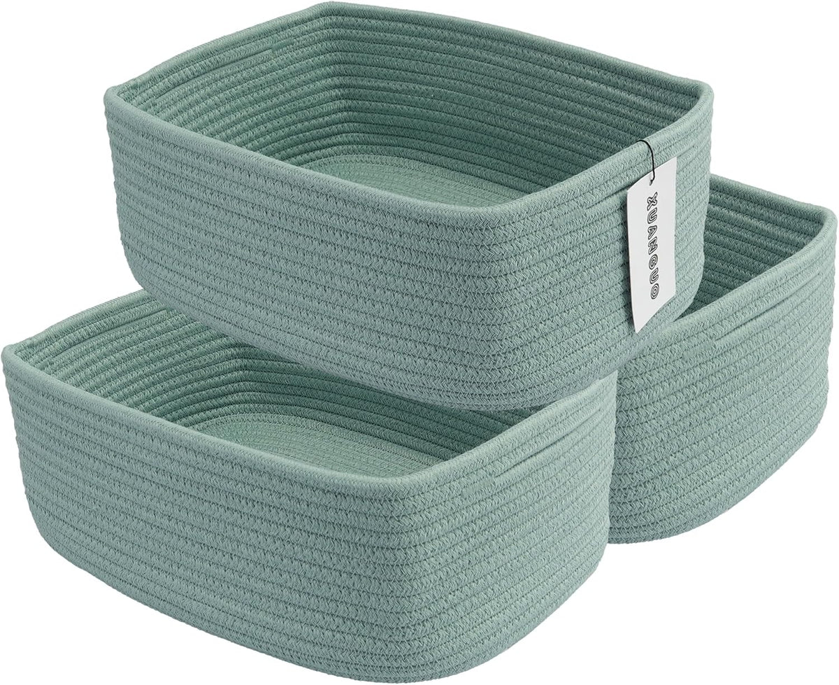 Small Woven Storage Baskets 13“X9”X5“ Decorative Rope Bins for Organizing Shelves, Closets, and Toys, Empty Gift Baskets, Cute Organizer Basket for Home and Office (green, Large)