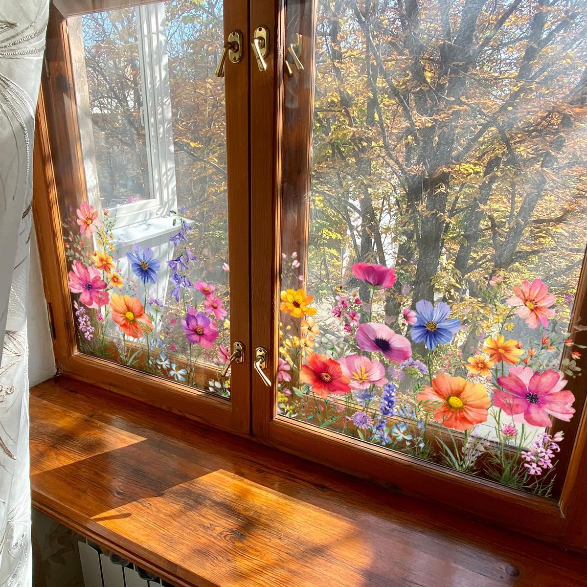 Colorful Flower Garden Window Clings, Wildflower Grass Lily Peony Poppy Floral Window Decals