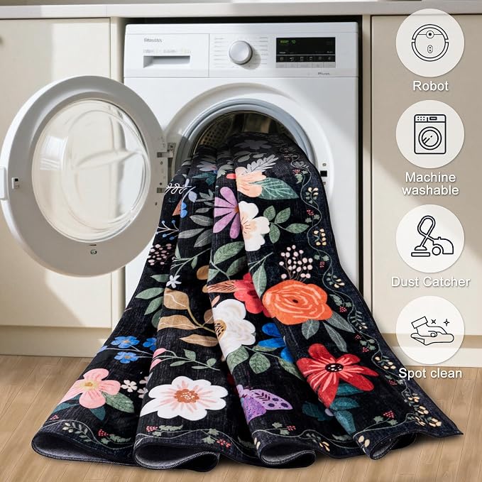 PLHXFR 2.6x8 Washable Runner Rug：Floral Indoor Kitchen Soft Carpet Black | - Image 7