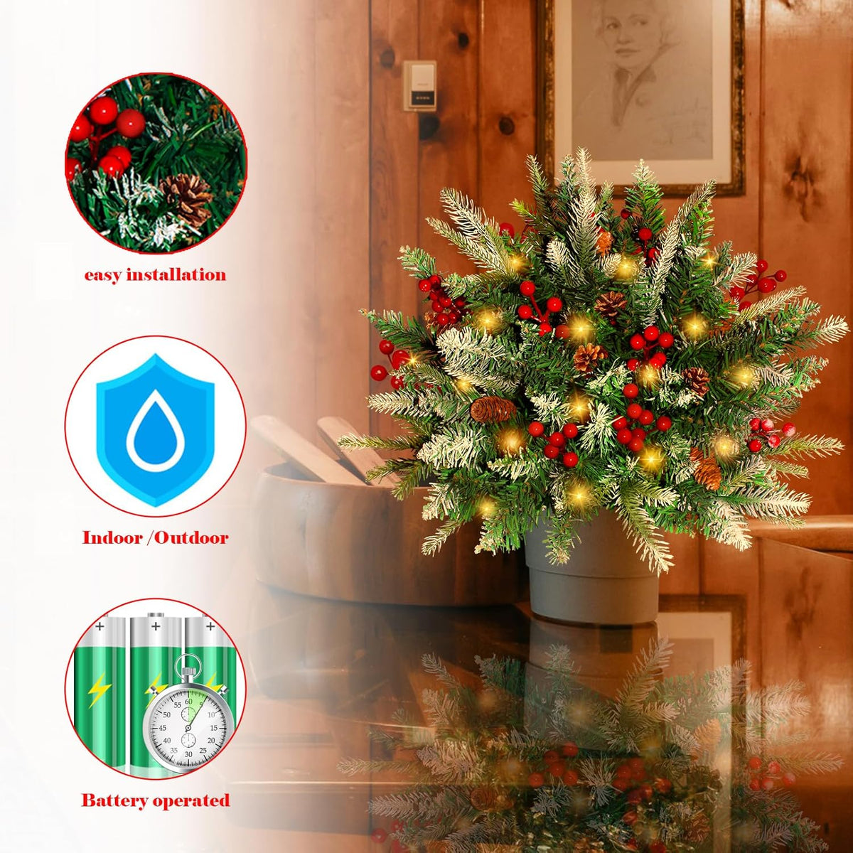 2 Pack Lighted Artificial Christmas Urn Filler, Battery Operated Pre-lit Xmas Pine Trees, Tripod Stake and 60 LED Lights, Holiday Porch Decorations for Porch, Yard, Garden, Flower Beds（Warm White）