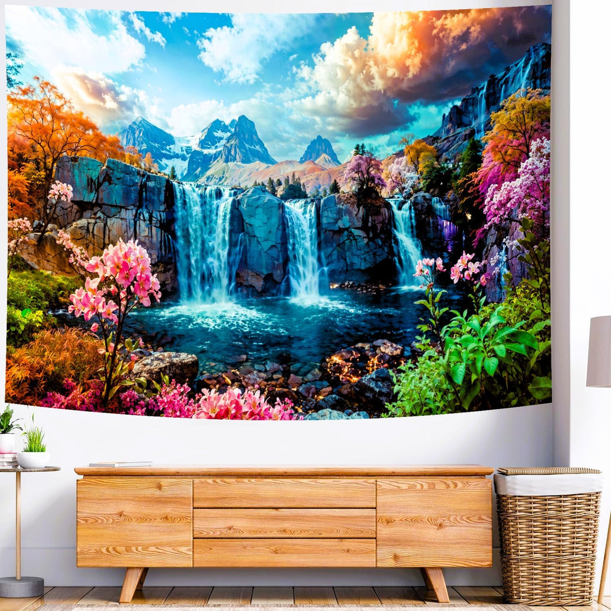 Delur Waterfall Tapestry Tropical Forest Mountain Sunset Tree Wall Hanging Tapestry Scenic Rainforest Landscape Nature Sunrise Headboard for Bedroom Living Room Home Decor (51.2" x 59.1")