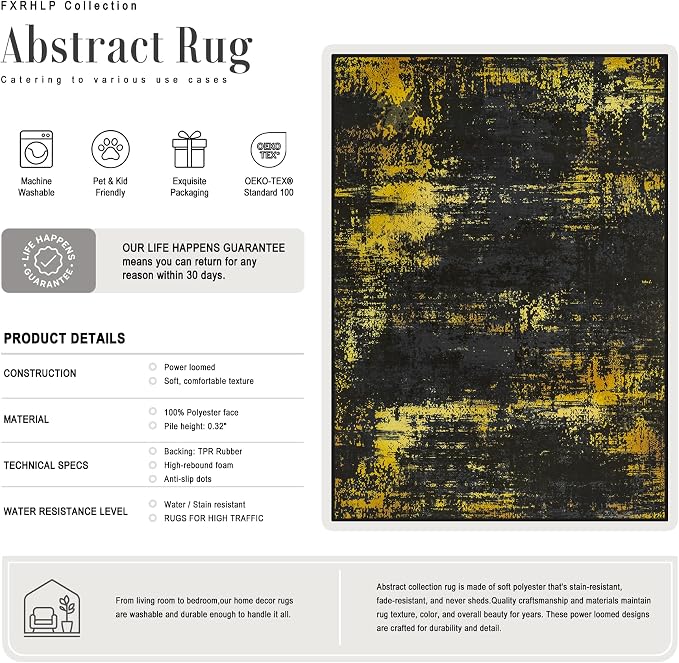 8x10 Area Rug Living Room: Modern Washable Soft Carpet Black Gold | - Image 2