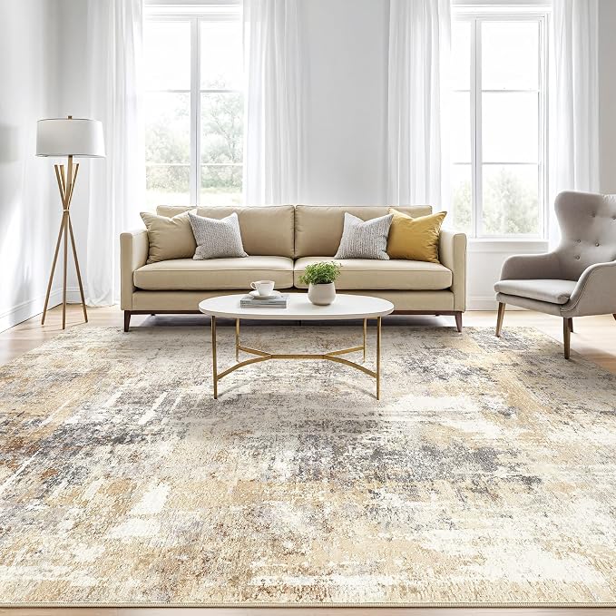 LOONGRUG 3x5 Rug Washable Neutral Modern Abstract Soft Rug Grey Gold | Stain - Image 5