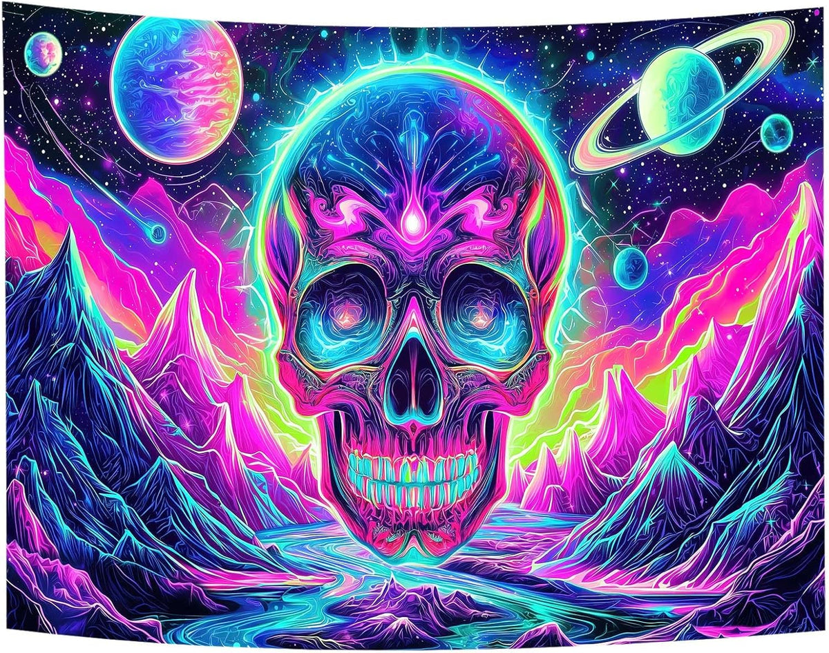 Blacklight Skull Tapestry, UV Reactive Gothic Skeleton Mountain Galaxy Planet Wall Hanging Tapestries, Glow in the Dark Horror Face Halloween Aesthetic Poster for Bedroom Living Room Decor 80X60IN