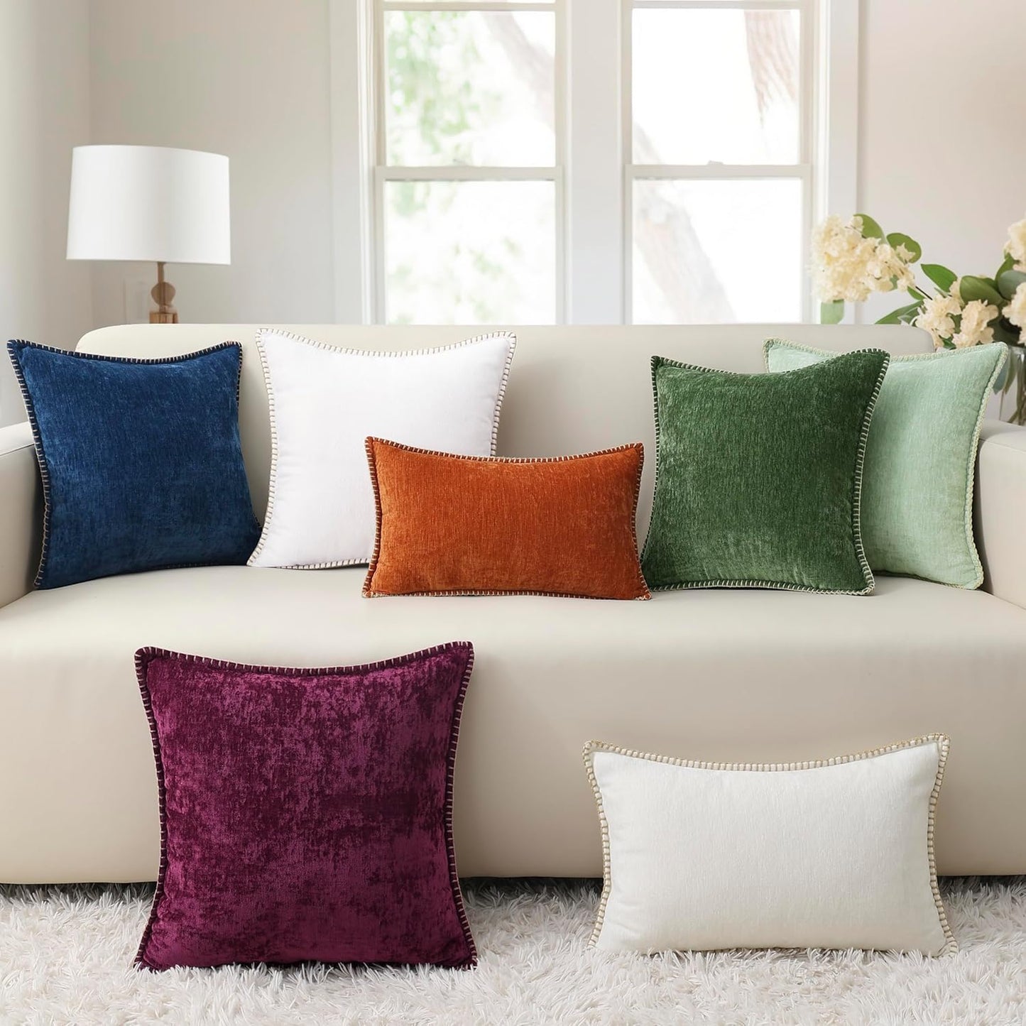 decorUhome Chenille Soft Throw Pillow Covers 18x18 Set of 2, Farmhouse Velvet Neutral Decorative Euro Pillow Covers with Stitched Edge for Couch Sofa Bed Home Decor, Rhododendron