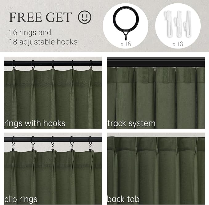 Topfinel Olive Green Pinch Pleated Semi Sheer Curtains Textured Linen Blended - Image 2